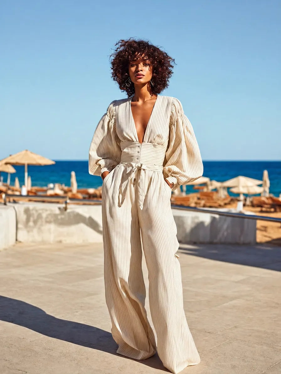 Women's Elegant Vacation-Style Off-White Striped V-Neck Balloon-Sleeve High-Waist Wide-Leg Jumpsuit MDZ0799G9CMX