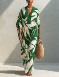 Women's Resort Style White Linen Long Dress With Green Leaf Print MDZ0764G4ZRK