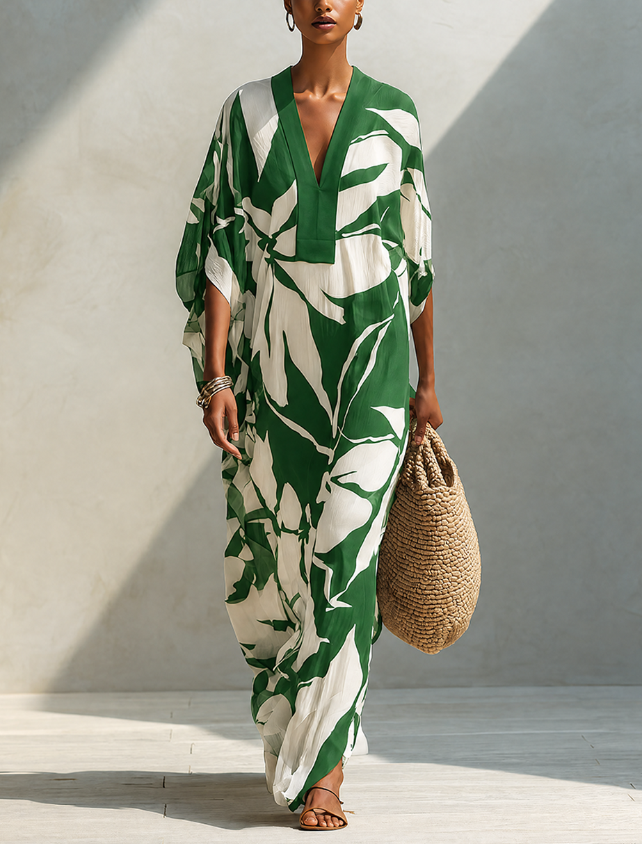Women's Resort Style White Linen Long Dress With Green Leaf Print MDZ0764G4ZRK