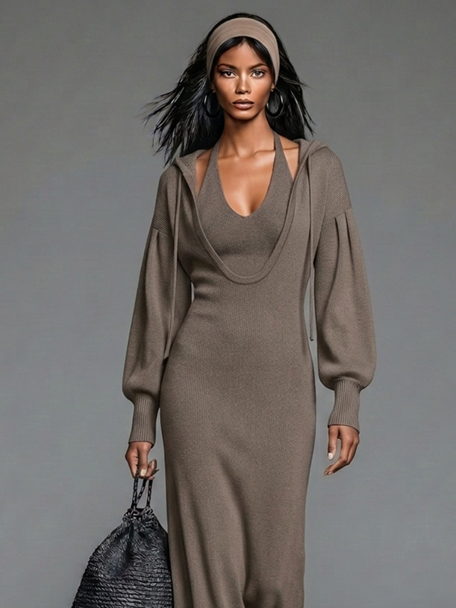 Women's Taupe Ribbed Knit Midi Dress With Faux Two-Piece Hooded Layer Design & Halter Neck Lantern Sleeves, Minimalist Casual Slim Fit Knit Midi Dress MDZ2414G5LYL