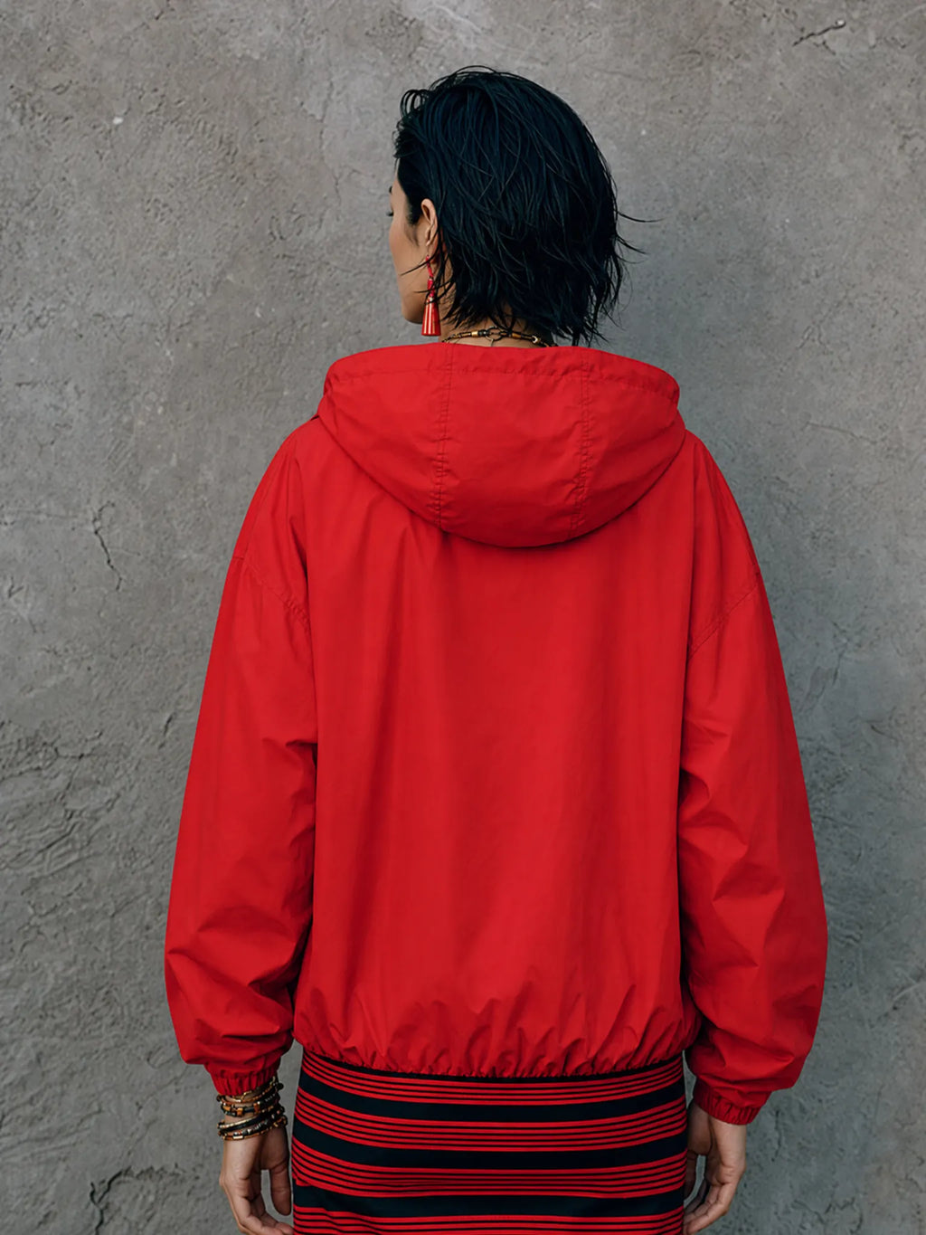 Women's Street Casual Bright Red Polyester Half Zip Hooded Kangaroo Pocket Cropped Windbreaker Sweatshirt MDZ1429G6GMJ