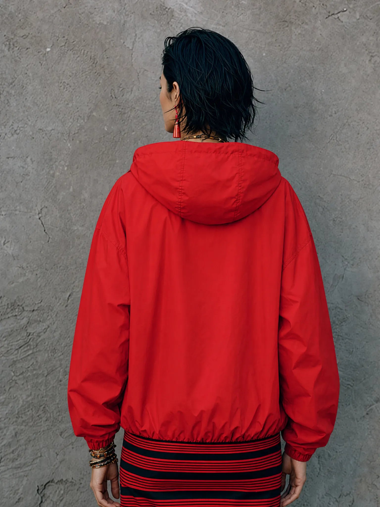 Women's Street Casual Bright Red Polyester Half Zip Hooded Kangaroo Pocket Cropped Windbreaker Sweatshirt MDZ1429G6GMJ