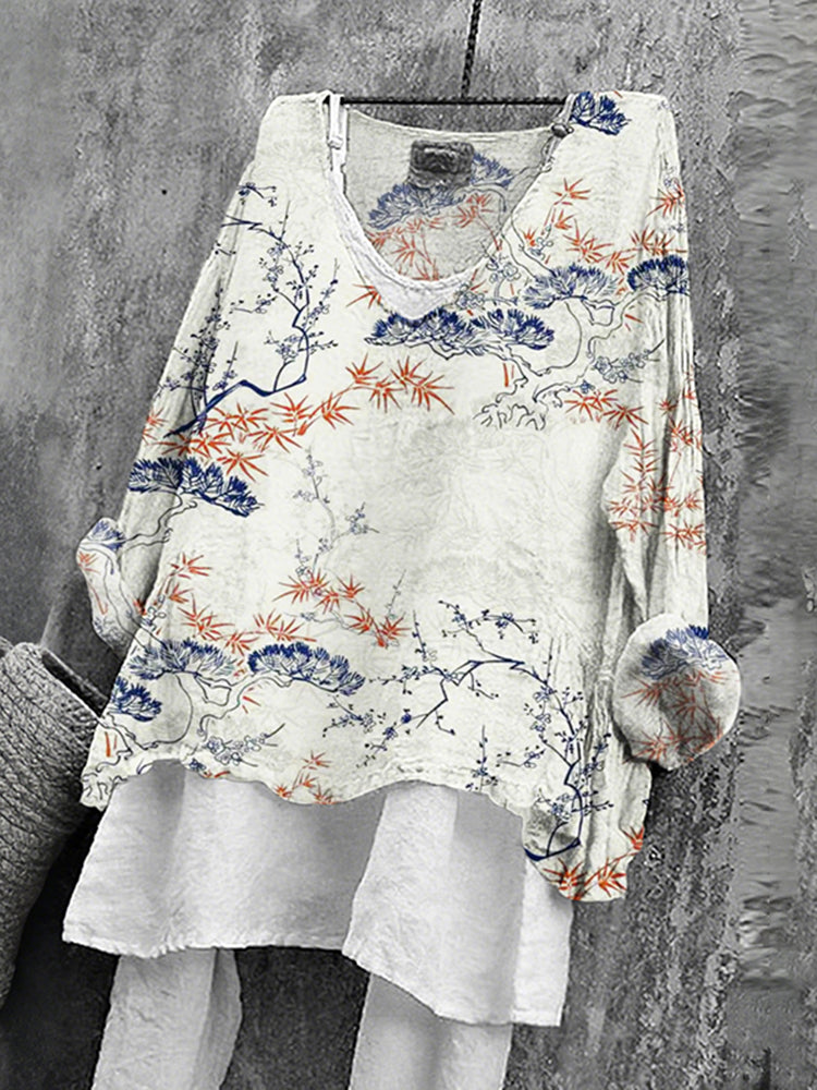 Women's Japanese Floral Art Print V-neck Loose T-shirt