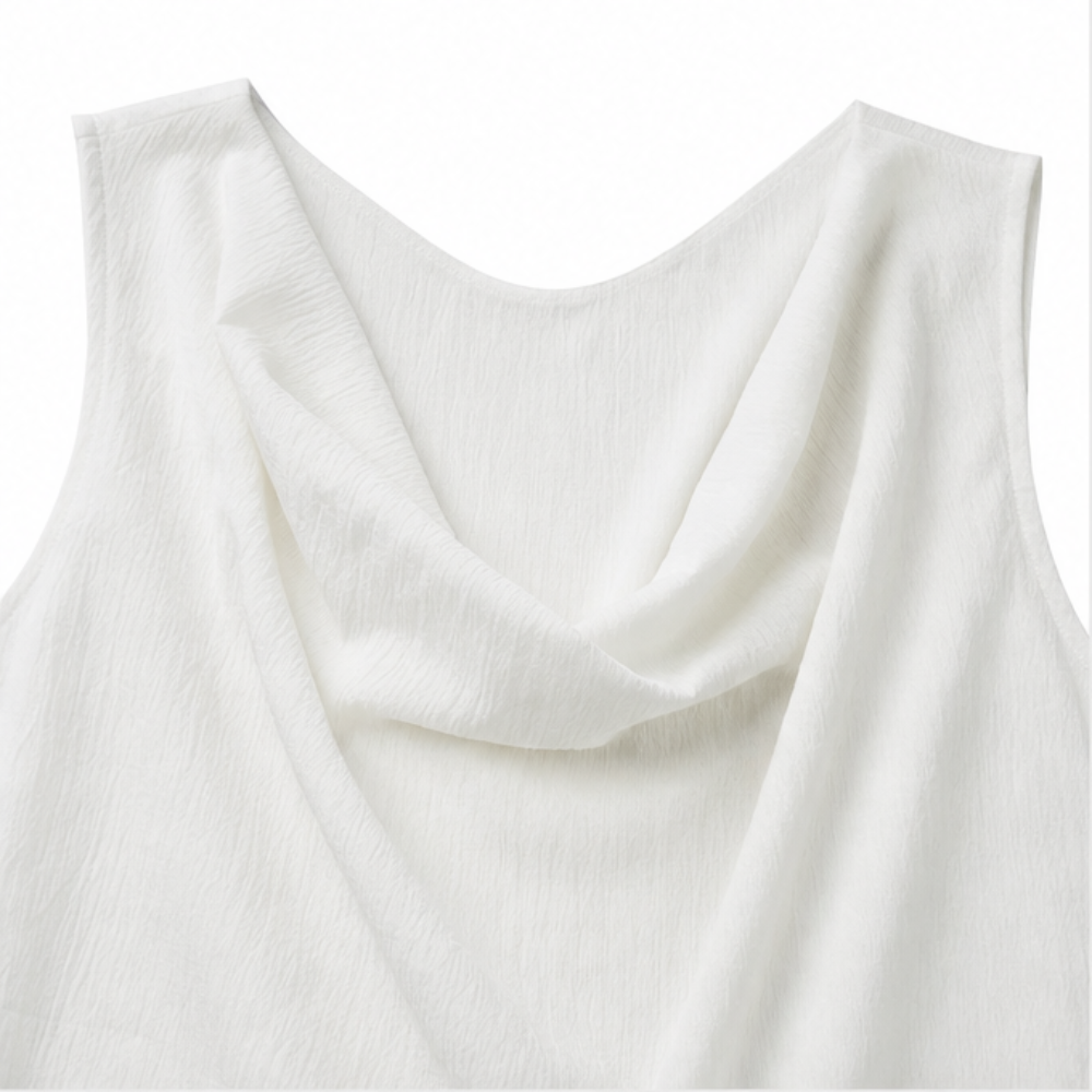 Solenne – Cowl Neck Mini Dress with Pockets, Slim Fit Sleeveless Shift