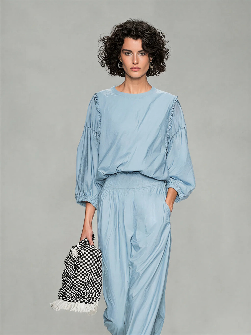 Women's Pale Blue Breathable Poly Cotton Co-Ord With Elastic Cuff Puff Sleeve Top & Side Pocket Loose Straight Trousers, Modern Effortless-Chic Daily Casual Two-Piece Set MDZ0217G3LYL