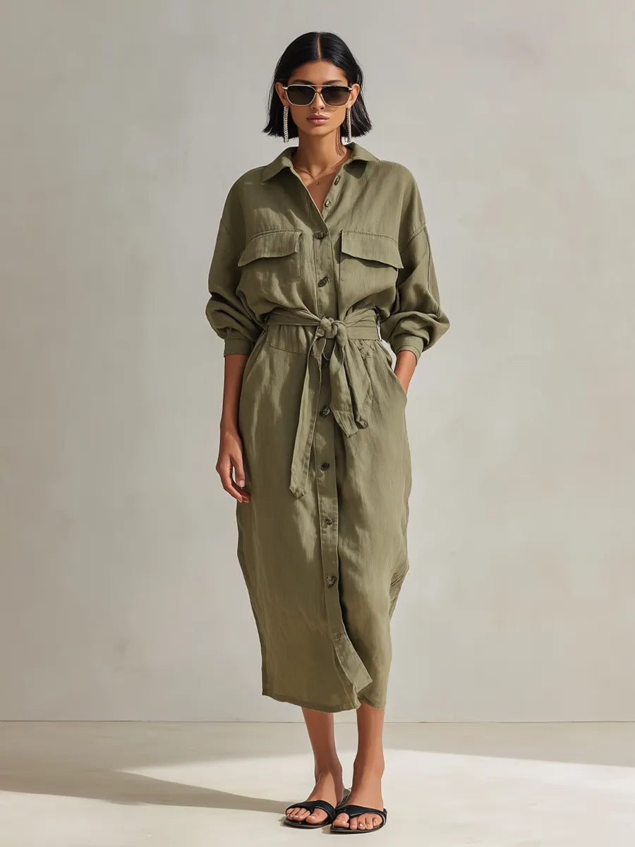 Women's Utility Style Olive Green Linen Blend Collared Long Sleeve Belted Button-Front Patch Pocket Midi Shirt Dress MDZ1569G6ZSQ