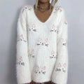 Lovely Cat Faces Embroidered Cozy Fuzzy Sweater