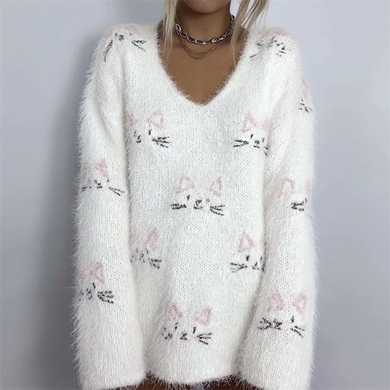 Lovely Cat Faces Embroidered Cozy Fuzzy Sweater