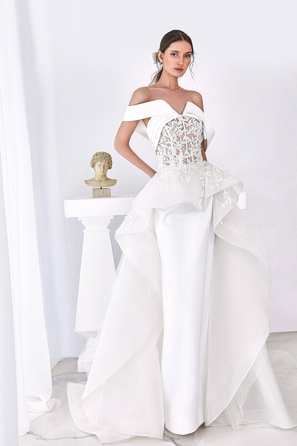 Off shoulder wedding dress with ruffles