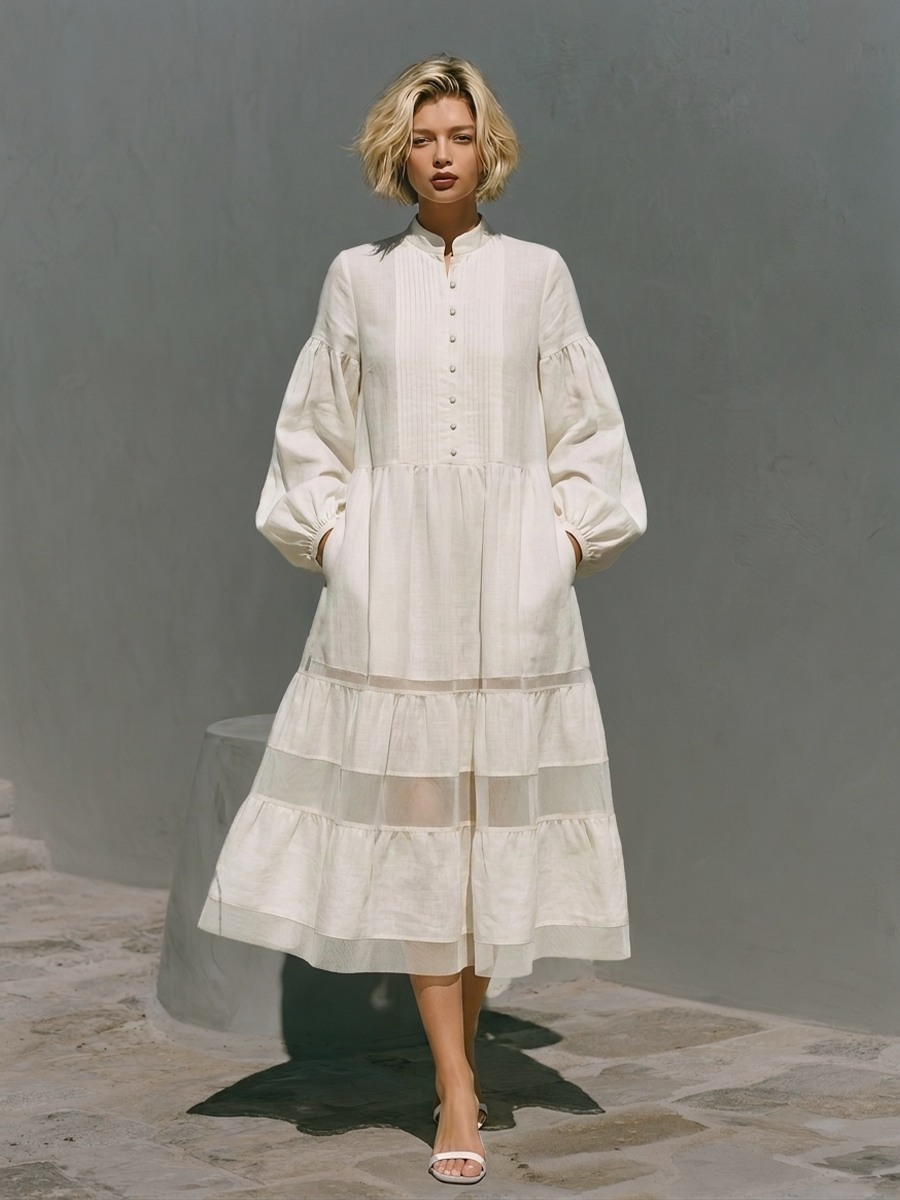 Women's Off White Cotton Blend Midi Dress With Mandarin Collar Half Button Placket & Sheer Tiered Skirt, Boho Casual Lantern Sleeve Midi Dress MDZ2448G9LYL