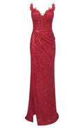 Strapless Crystal Bustier Sequin Maxi Dress Red