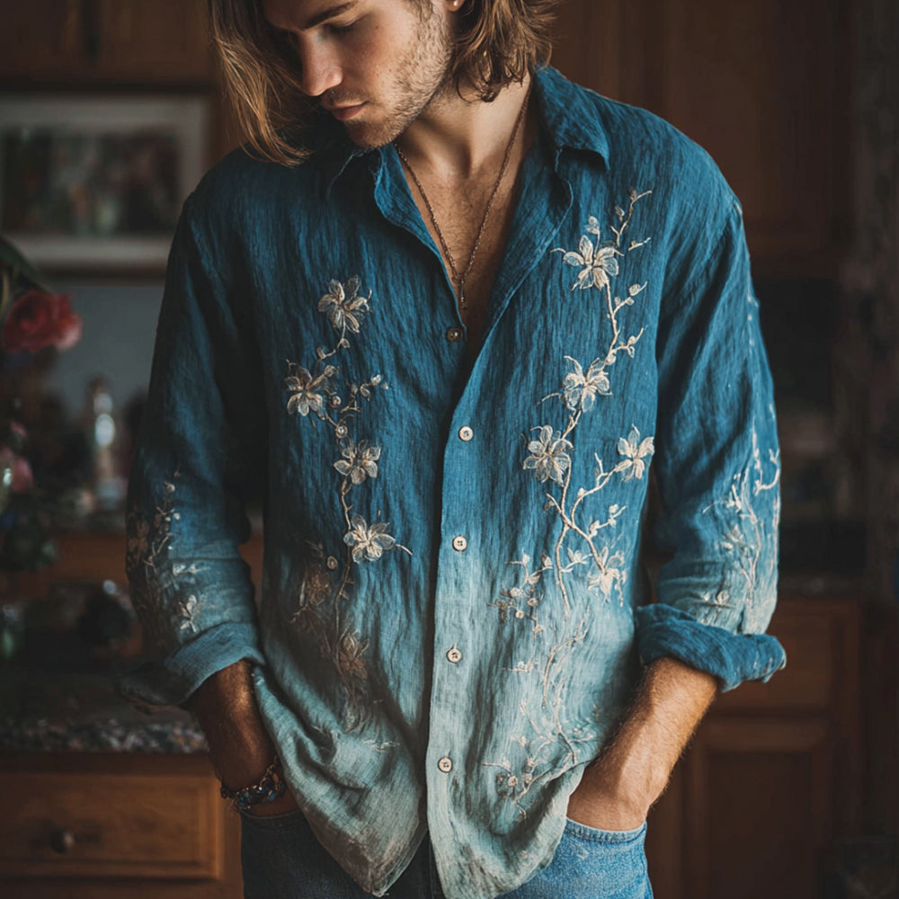 Japanese Style White Peony Gradient Leisure Linen Long Sleeve Shirt