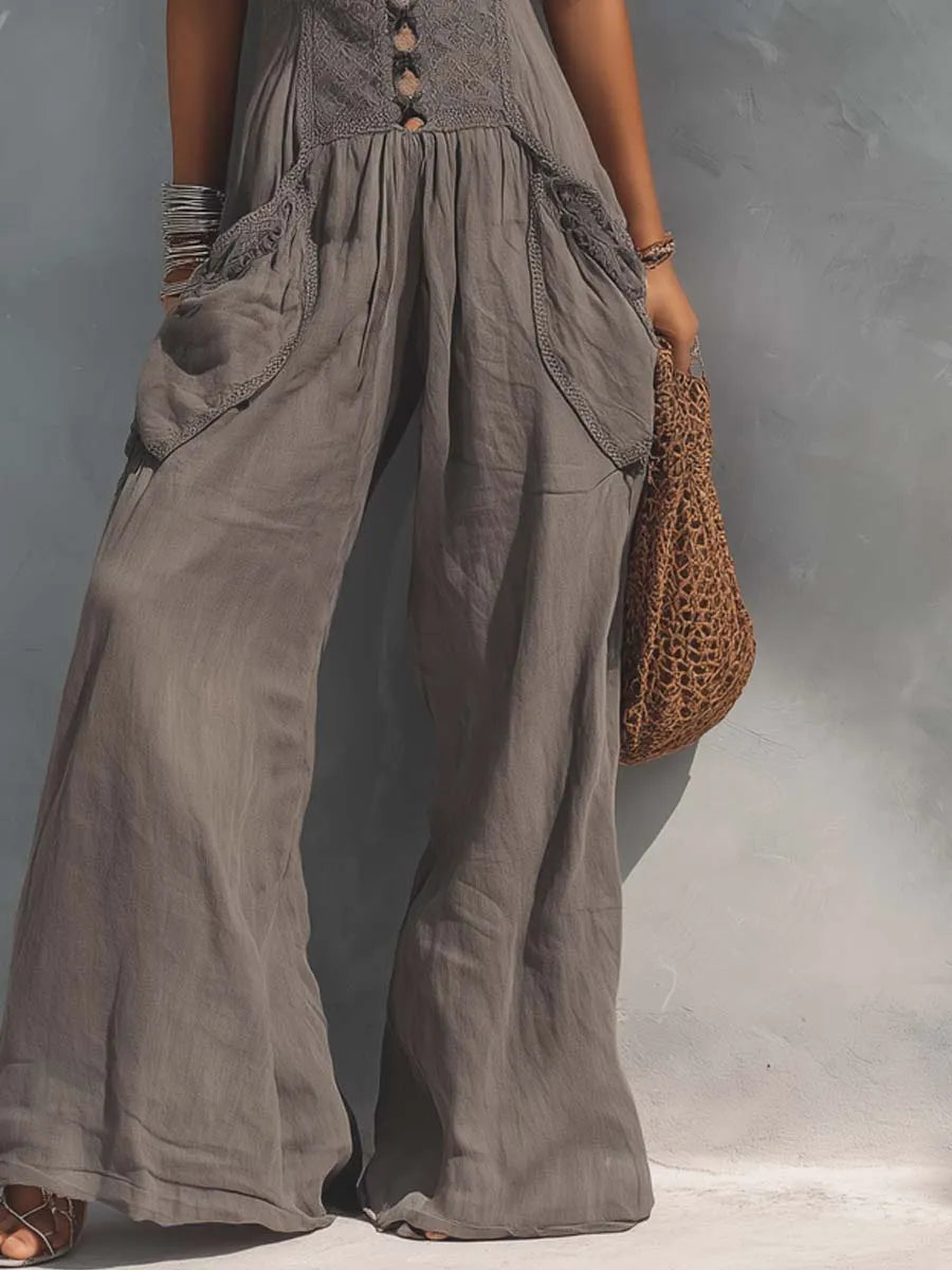 Halter-Neck Lace-Paneled Cotton-Linen Jumpsuit