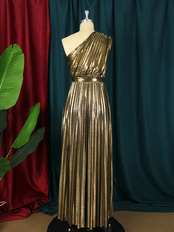 Asymmetric Pleated Shiny Solid Color High Waisted Loose One-shoulder Maxi Dresses