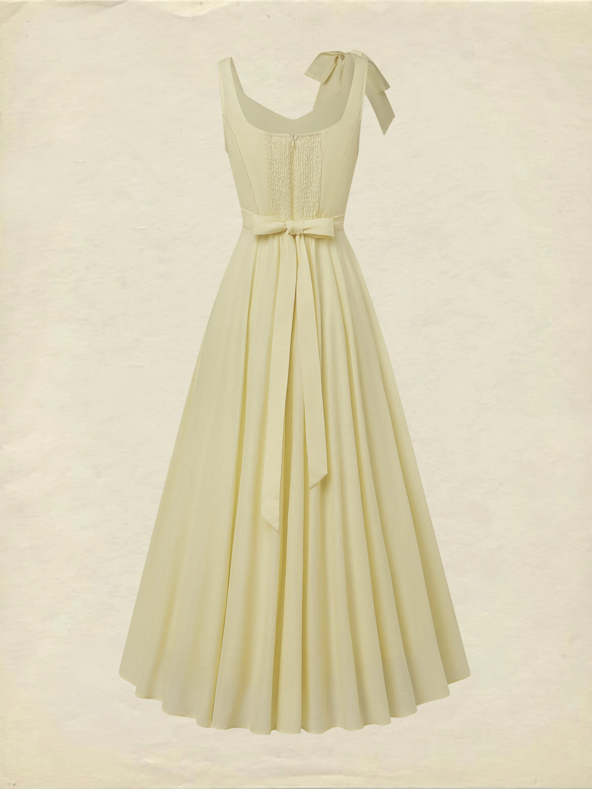 Maxi Linen Dress, Sleeveless, Square Neck, Plain, Bow, French Vintage, Light Yellow