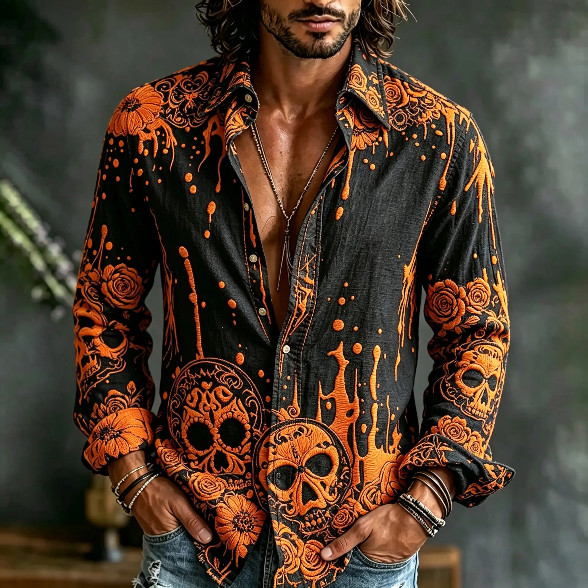 Men's Retro Halloween Skull Floral Art Casual Long-sleeve Shirt
