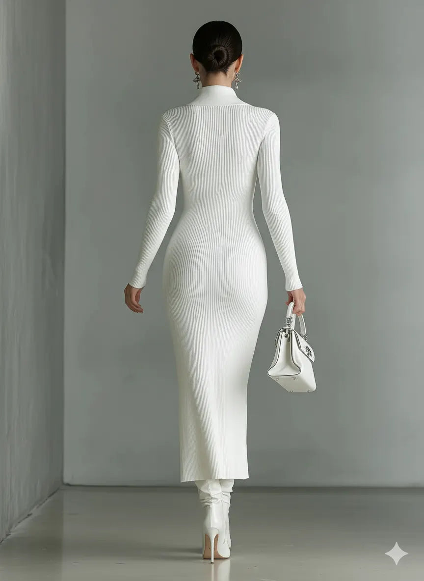 Women's White Knitted Polo Neck Slim Midi Dress MDA1329J8T