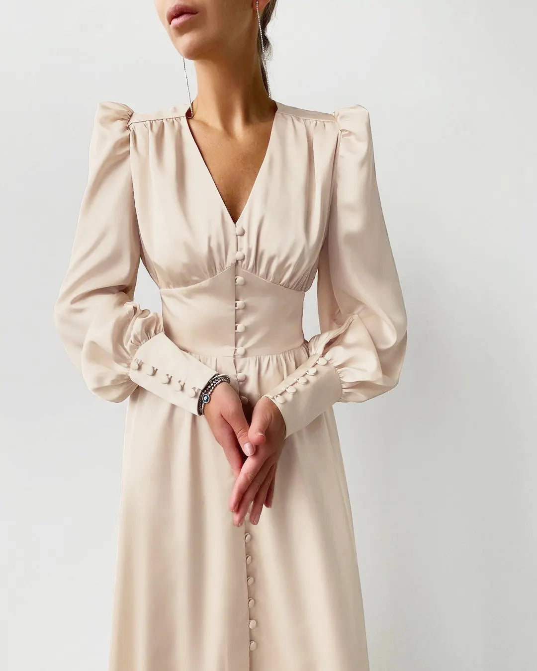 Slim Fit Green V Neck Wrinkled Silk Maxi Dress Puff Sleeve