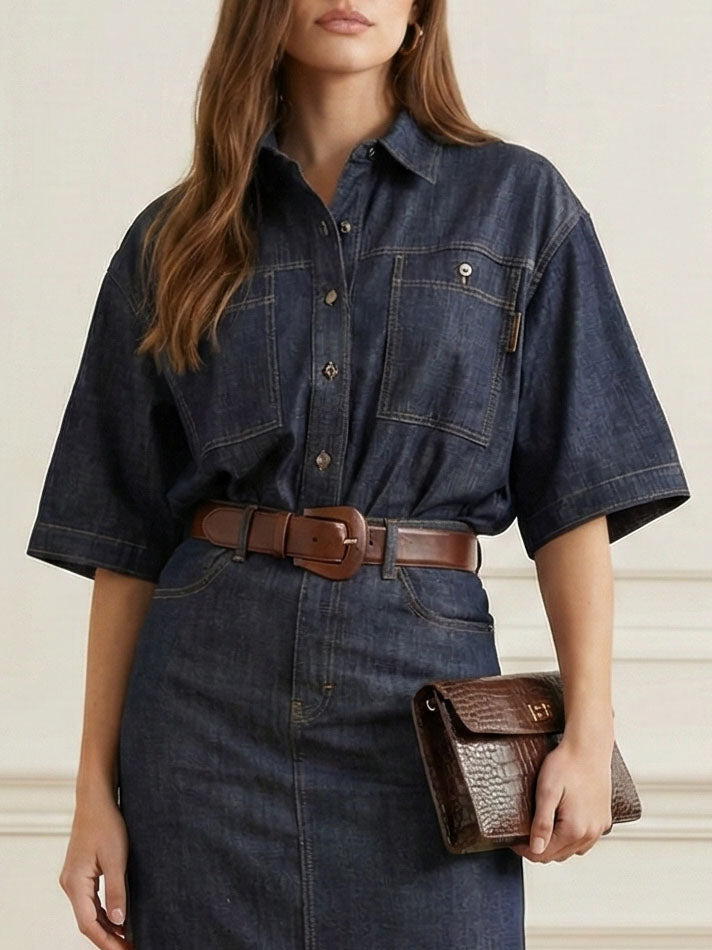 Half Sleeves Loose Buttoned Lapel Blouses&Shirts Tops