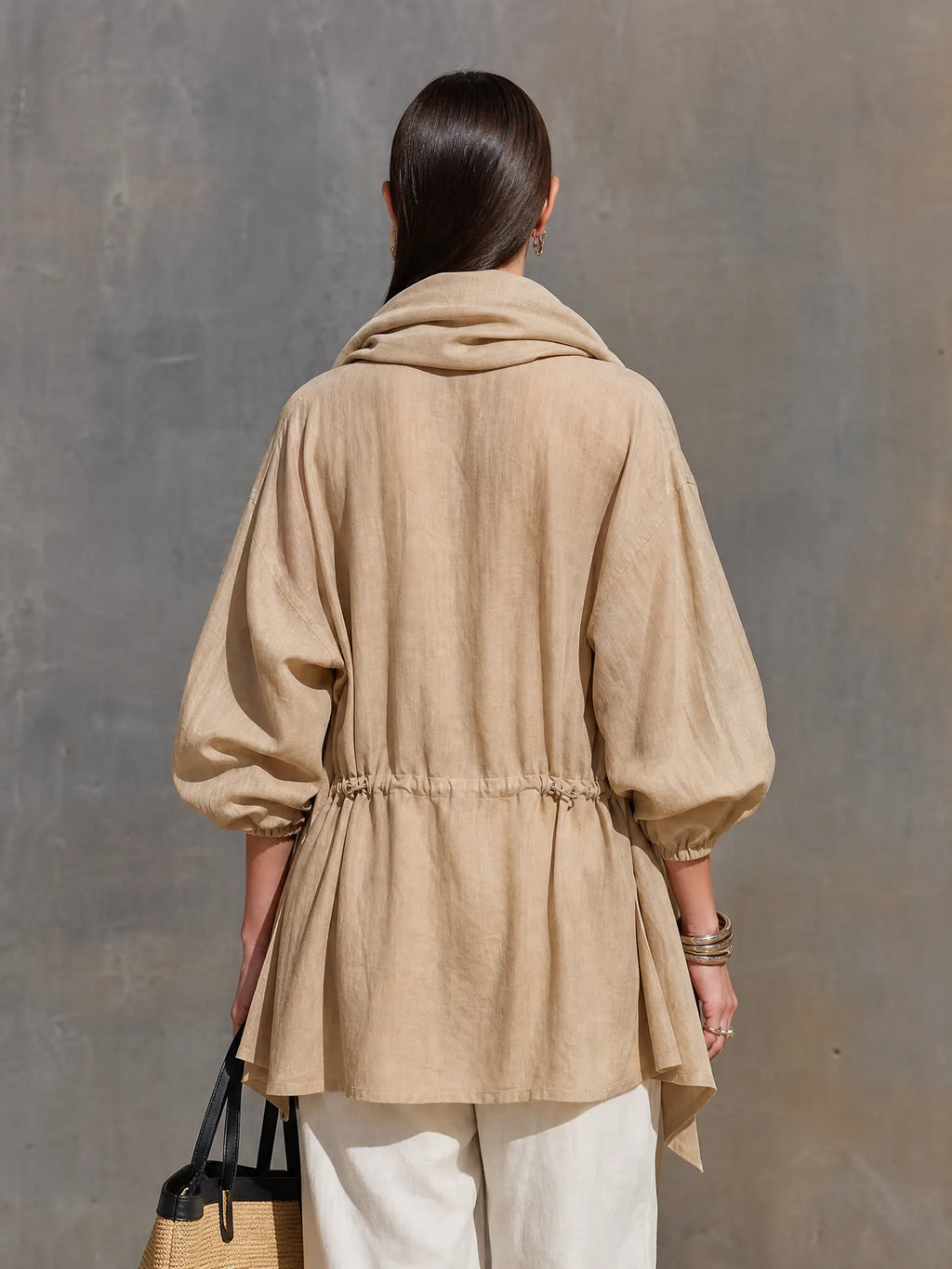 Women's Khaki Linen Blend Sheer Jacket With Lapel Collar Balloon Three Quarter Sleeves & Waist Drawstring, Minimalist Resort Lightweight Oversized Outerwear MDZ2240G0LYL