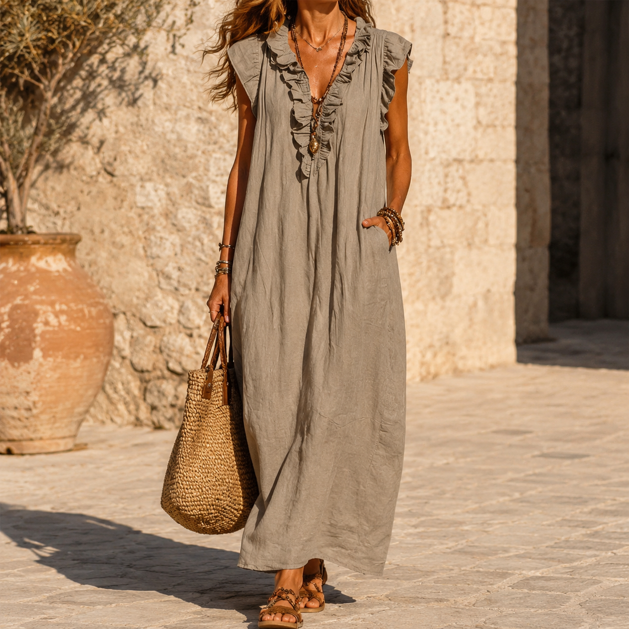 Veluna – Women's Ruffle-V Midi Dress with Pockets