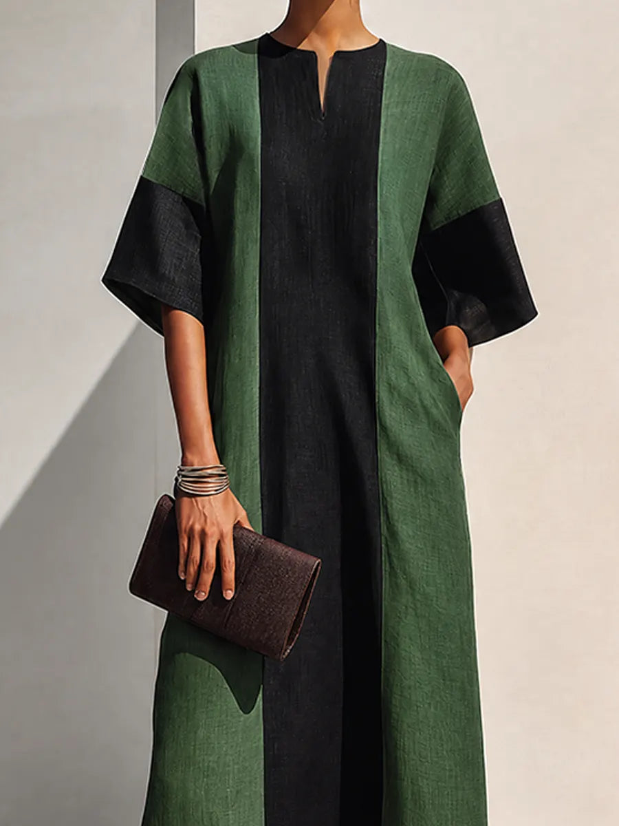 Women's Green & Black Color Block Cotton Linen V-Neck Maxi Dress MDZ1751G8ZRK