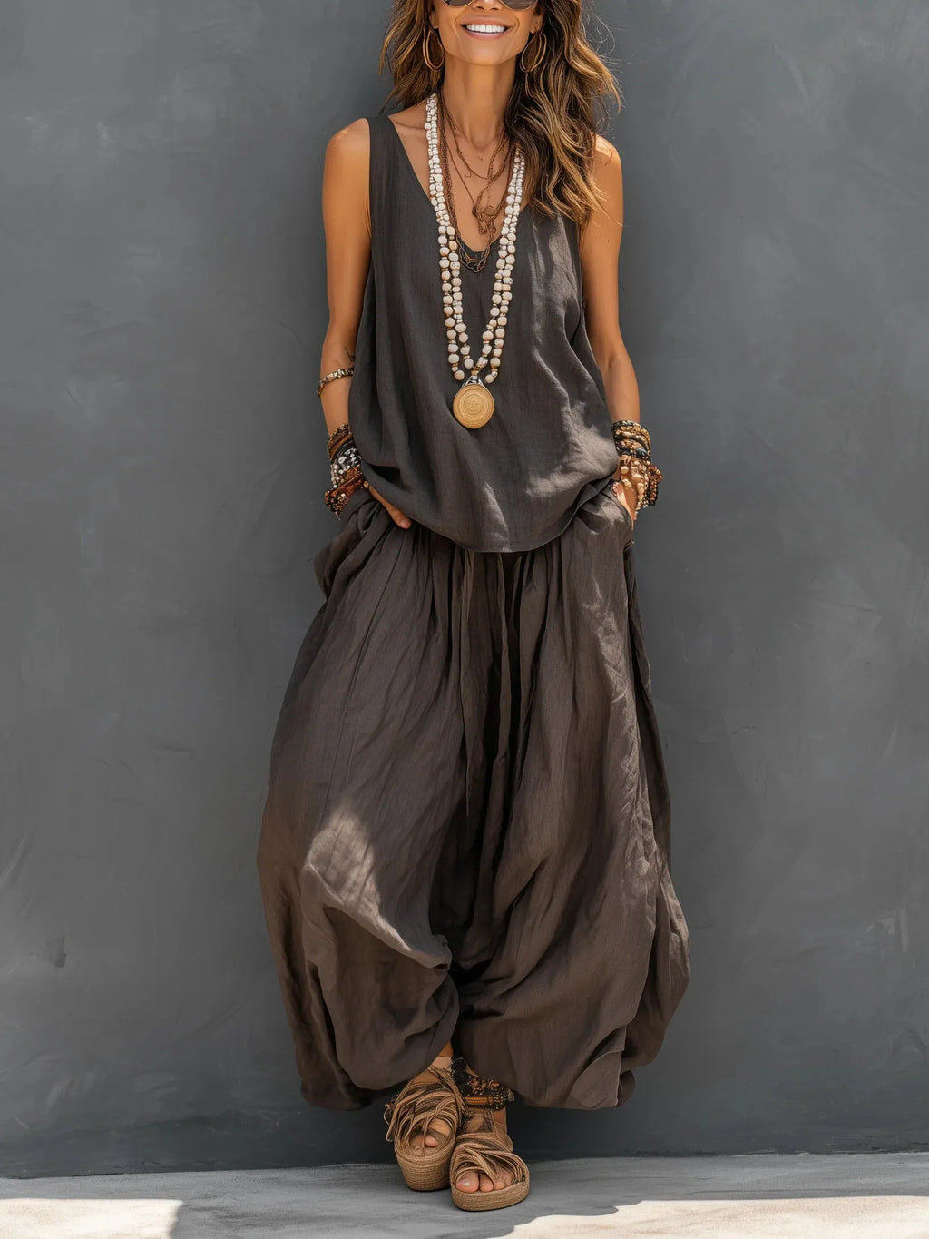 Casual Sleeveless Vest Top Paired With Loose-fitting Trousers Set