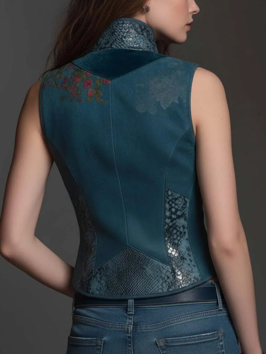 Deep Teal Velvet Zip-Front Vest Top