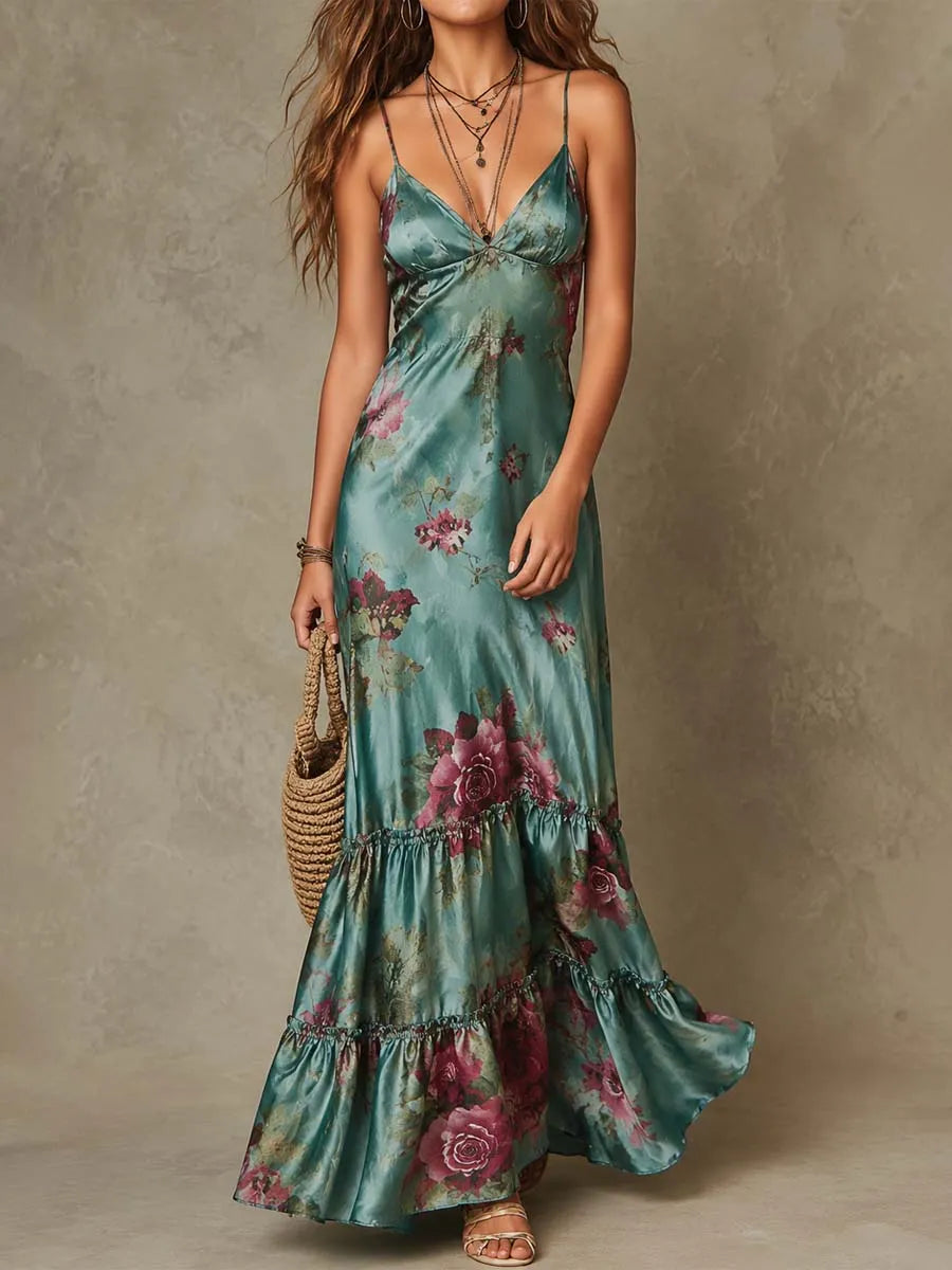 Vintage Floral Satin Cami Tiered Ruffle Maxi Dress