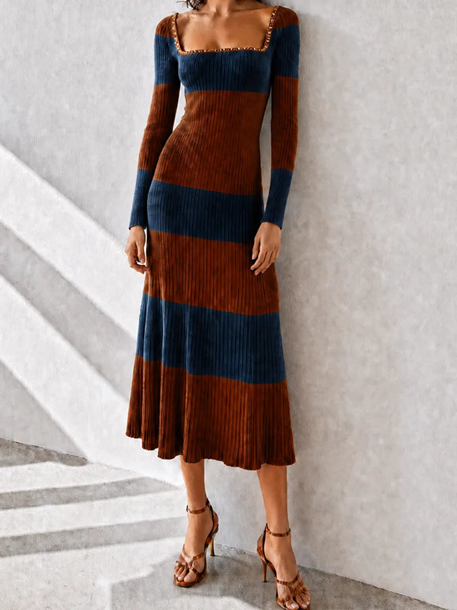 Women's Elegant Vintage Brown-and-Navy Striped Square-Neck Long-Sleeve Fitted Ribbed-Knit Midi Dress MDZ1344G4CMX