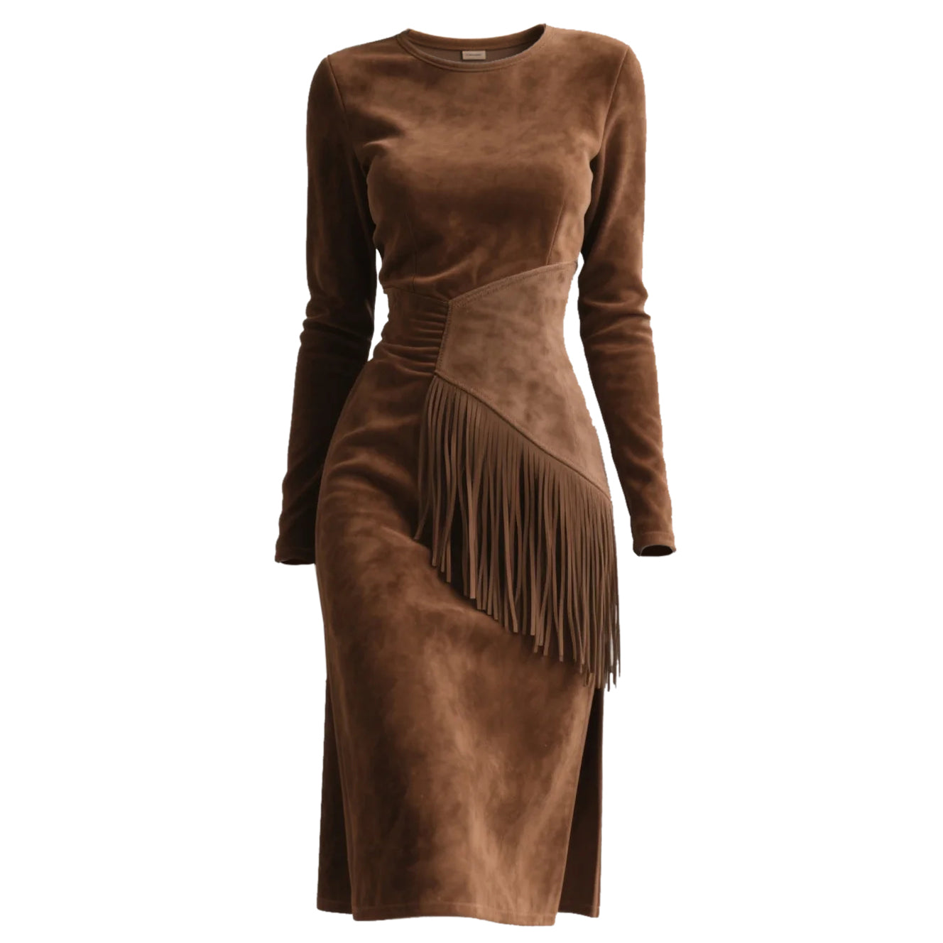 Brown Suede Asymmetric Fringe Midi Dress