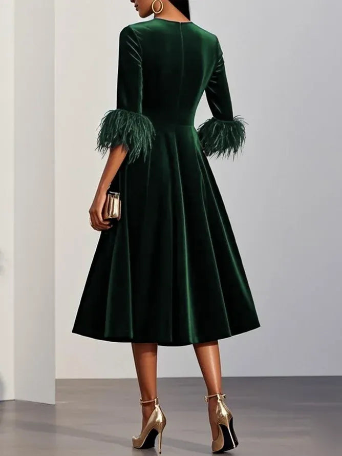 Dark Blue Feather-trimmed Velvet Round Neck Short-sleeved A-line Midi Dress