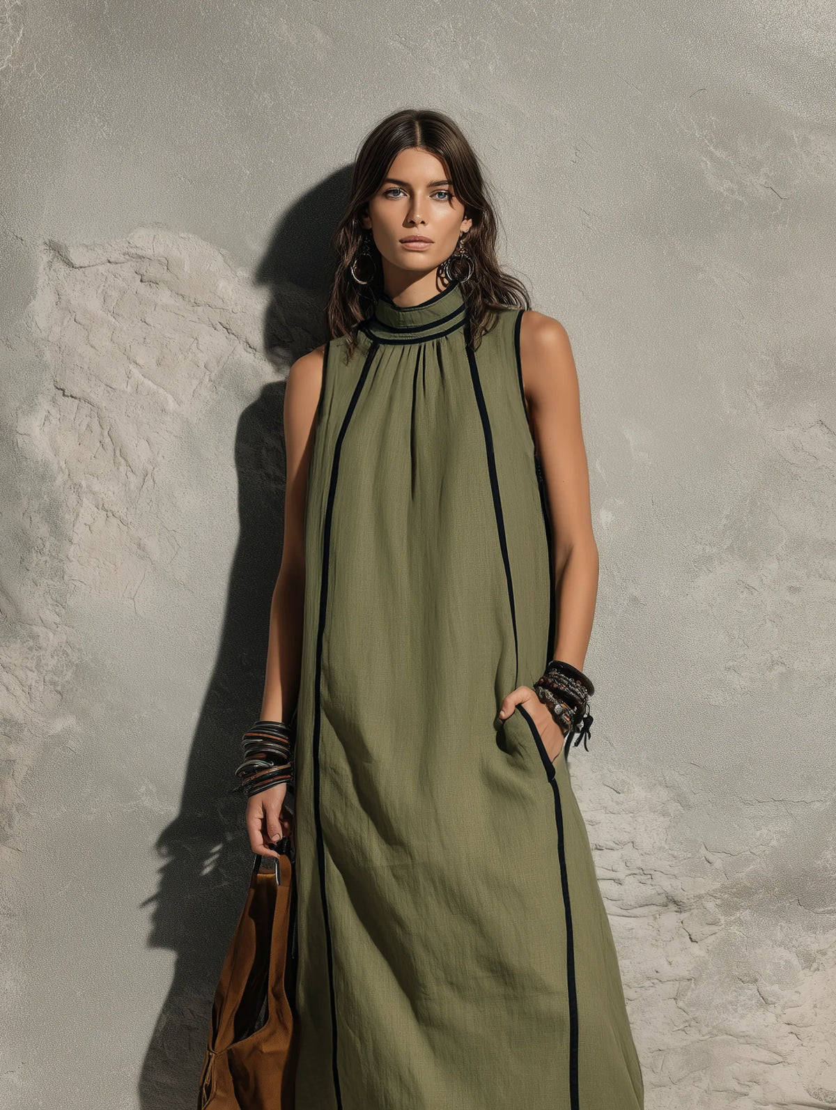 Women's Casual Army Green Cotton-linen Sleeveless Maxi Dress With A High Neck MDZ0762G3LXY