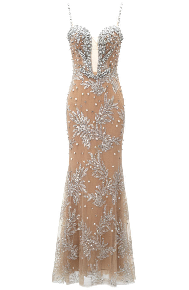 Crystal Embellished Maxi Dress Nude