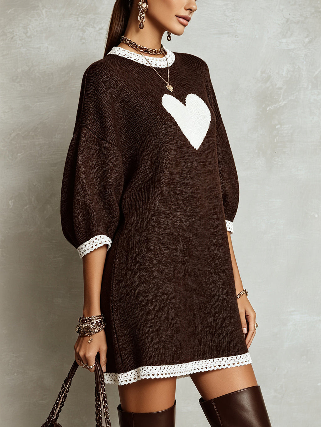 Brown Heart Intarsia Lace Trim Knit Mini Dress