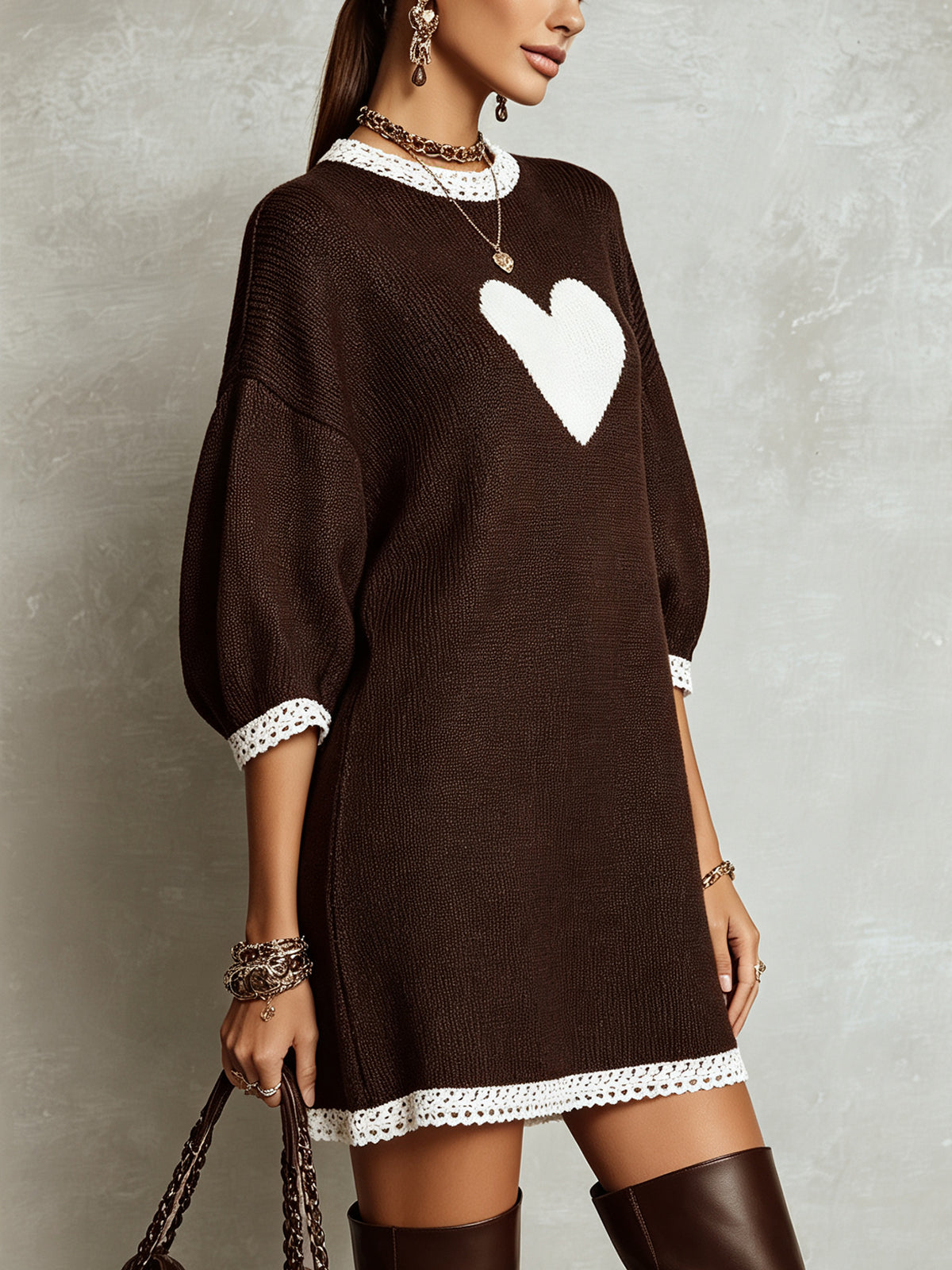 Brown Heart Intarsia Lace Trim Knit Mini Dress