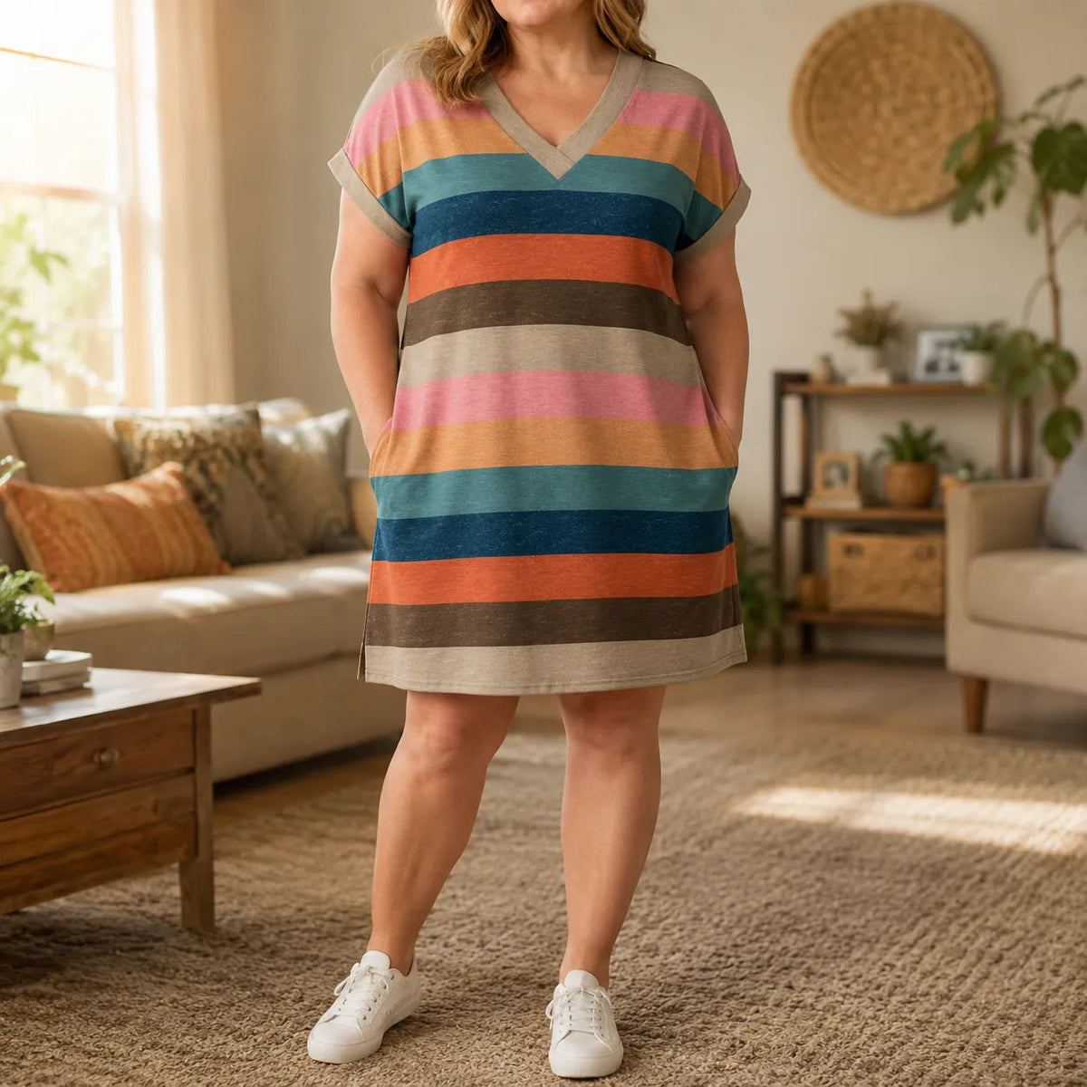 Marlowen – Striped V-Neck Knit T-Shirt Dress for Women, Soft Summer Casual