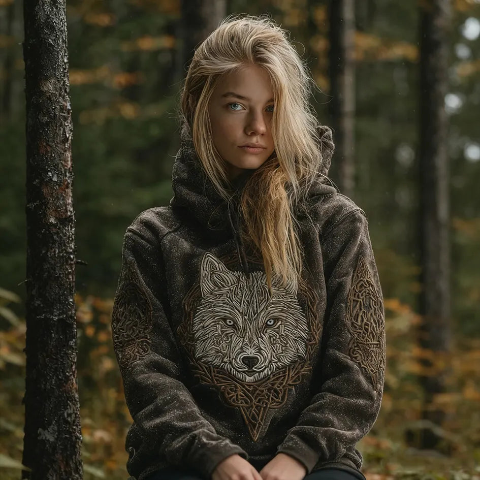 Vintage Viking Style Wolf Totem Women's Hooded Sweatshirt