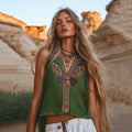 Women's Bohemia Floral Ethnic Style Linen V-neek Sleeveless Top