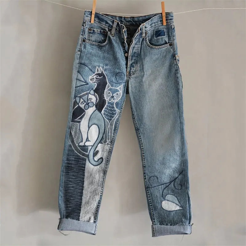 Cats Geometric Patchwork Art Embroidered Washed Jeans