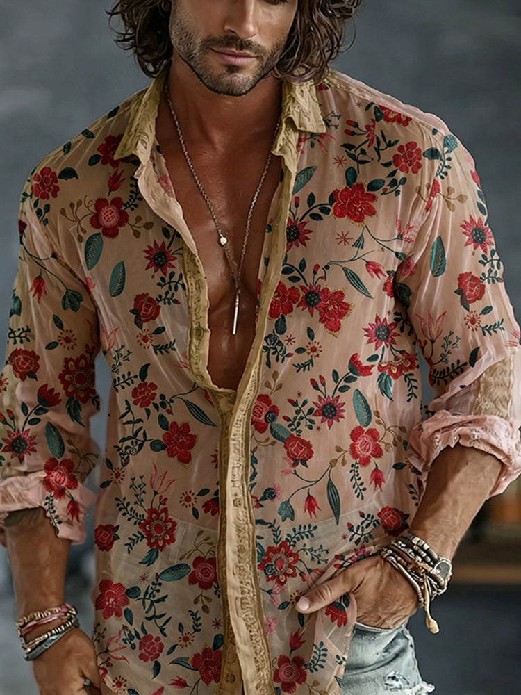 Men's Retro Japanese Sashiko Art Print Flowy Linen Blend Shirt