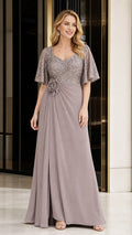 Elegant Sequin V-Neck Flare Sleeve Formal Evening Gown