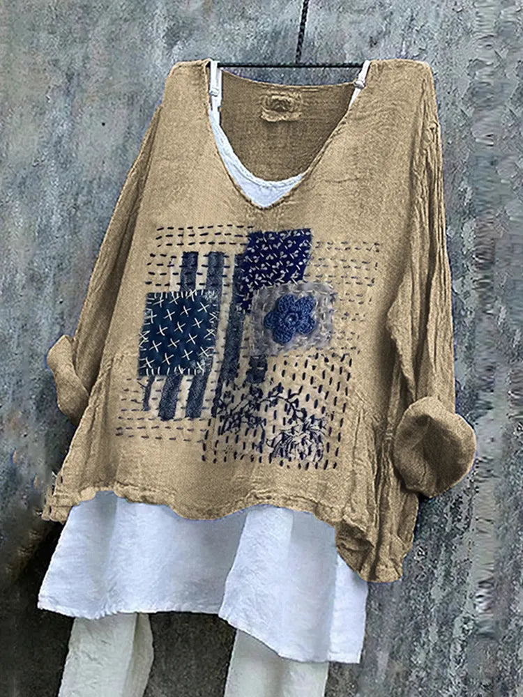 Women's Geometric Embroidered Textile Art Linen Blend Tunic