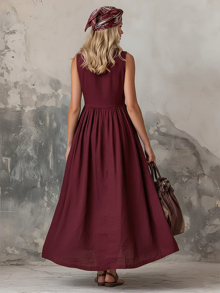 Elegant Zinfandel-colored Cotton And Linen Sleeveless Maxi Dress