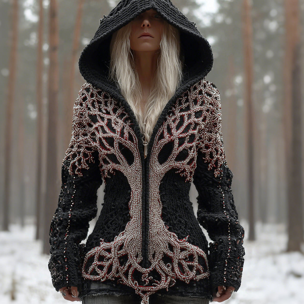 Women's Vintage Viking Rhinestone Tree Of Life Knit Zipper Sweater