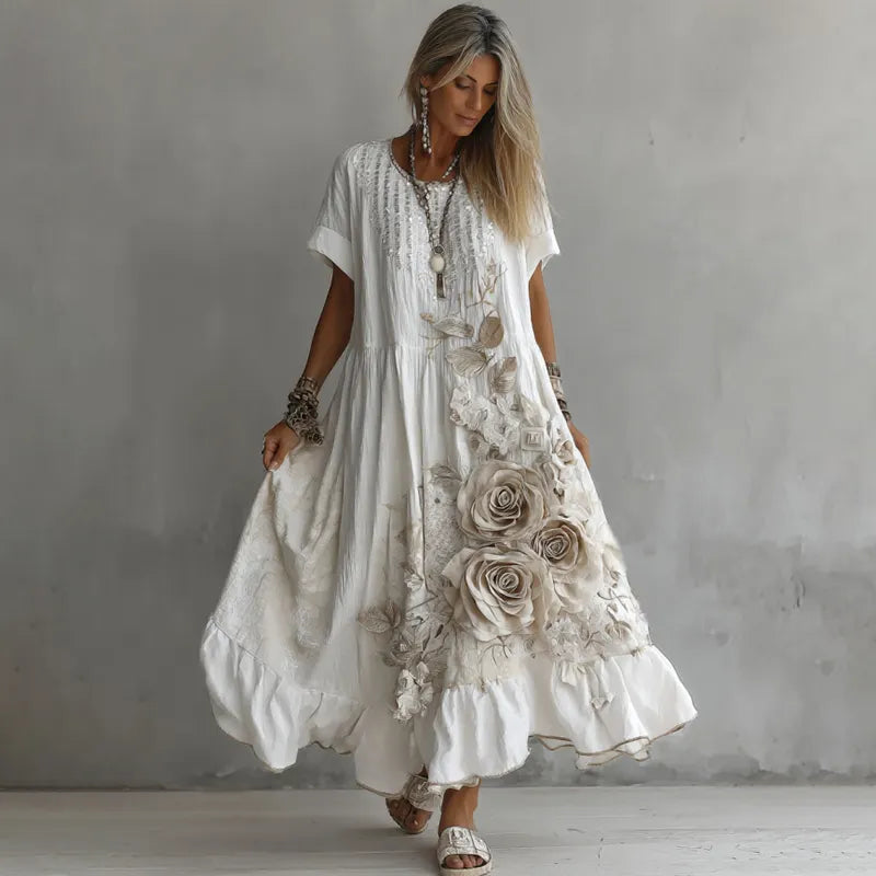 Women's White Rose Embroidery Art Round Neck Short Sleeve Linen Blend Midi Dress