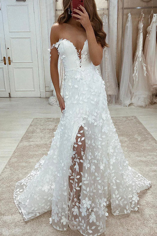 Trumpet Mermaid Floral Off The Shoulder Wedding Dress With Slit