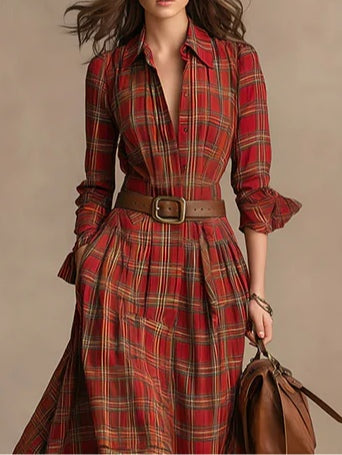 Lapel Long Sleeves Button Up Plaid Maxi Shirt Dress(Includes belt)