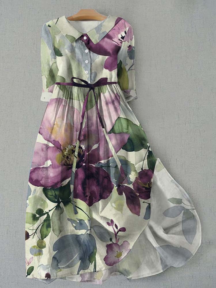 Vintage Botanical Floral Art Print Lace-Up Dress