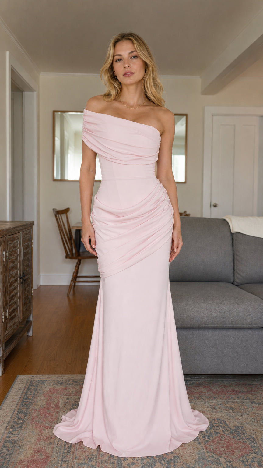 Asymmetrical Ruched Off-the-Shoulder Mermaid Evening Gown